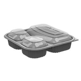 Anchor 4118523 Culinary Squares Takeout Container & Lid, 3 Compartment,  Microwavable, 8.46 x 8.46 x 2.5, Black / Clear - 150 / Case